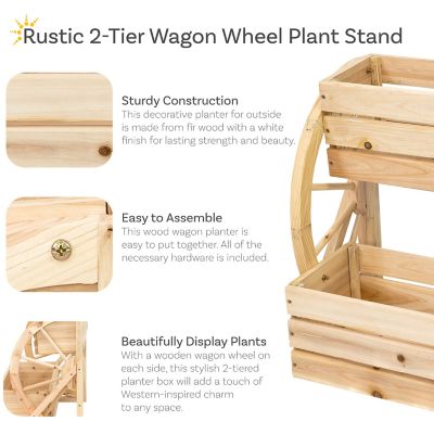 Image showing  Outdoor 2-Tiered Rustic Natural Fir Wagon Wheel Planter - 19 in. W x 14.75 in. D x 23.5 in. H