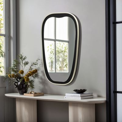 Image showing  30 in Tall Oblong Rounded Black with Gold Iron Metal Frame Wall Mirror
