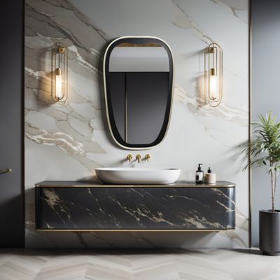 Image showing  30 in Tall Oblong Rounded Black with Gold Iron Metal Frame Wall Mirror