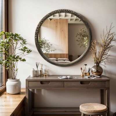 Image showing  32 in Round Brown Crater MgO Frame Wall Mirror