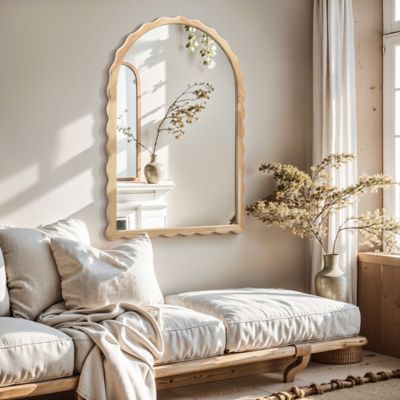 Image showing  34 in Tall Arch Natural Rubberwood Scalloped Frame Wall Mirror