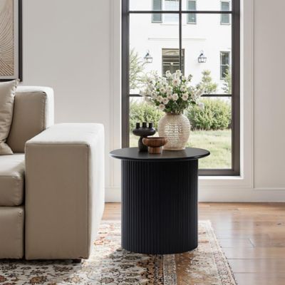 Image showing  Fluted Fir and MDF Wood Round Accent Table, Black