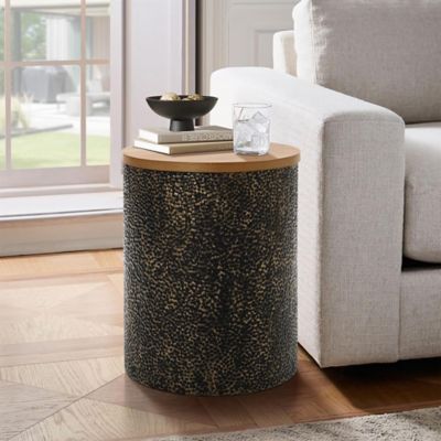 Image showing  Hammered Iron Metal Round End Table with MDF Wood Top and Storage, Black/Gold
