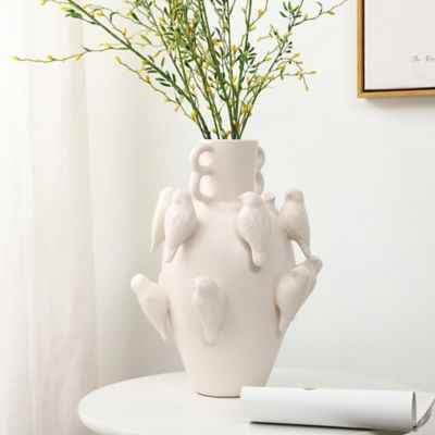 Image showing  Classic White Ceramic Modern Birds 14.4 in Tall Vase