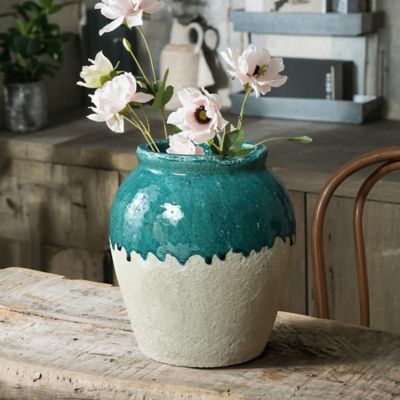 Image showing  Green and White Stoneware 11.4 in Tall Indoor and Outdoor Jar Vase