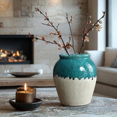 Image showing  Green and White Stoneware 11.4 in Tall Indoor and Outdoor Jar Vase