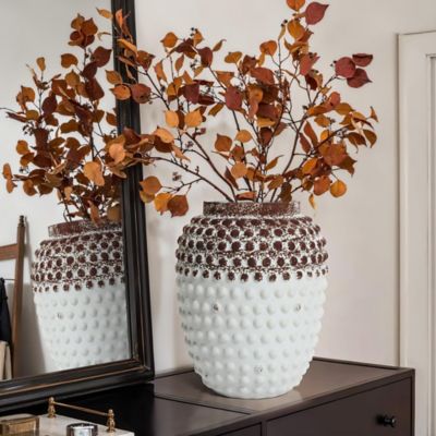 Image showing  Vintage White and Brown Beaded 12in Tall Urn Vase
