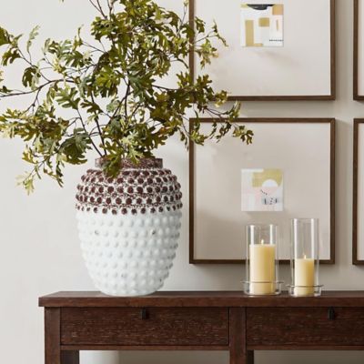 Image showing  Vintage White and Brown Beaded 12in Tall Urn Vase