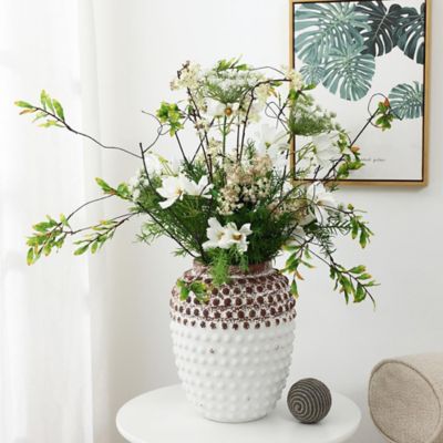 Image showing  Vintage White and Brown Beaded 12in Tall Urn Vase