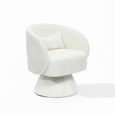LuxenHome Upholstered Cream Club Swivel Chair with Upholstered Cream Wood Base