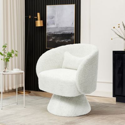 Image showing 1 th LuxenHome Upholstered Cream Club Swivel Chair with Upholstered Cream Wood Base