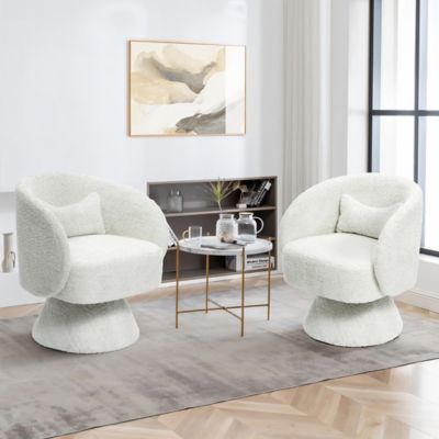 Image showing 3 th LuxenHome Upholstered Cream Club Swivel Chair with Upholstered Cream Wood Base