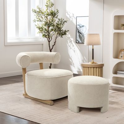 Image showing  Upholstered Cream Modern UShape Back Accent Chair with Matching Ottoman
