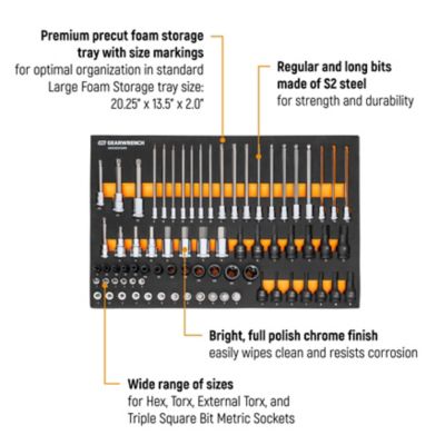 Image showing  74 pc. 1/4 in., 3/8 in., 1/2 in. Drive Metric Bit Socket Set in Foam Storage Tray