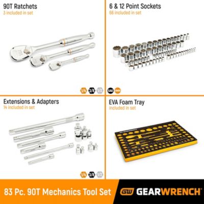 Image showing  83 pc. 1/4 in., 3/8 in., & 1/2 in. 90-Tooth SAE/Metric Mechanics Tool Set with Foam Storage Tray