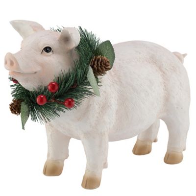 Image showing  10 in. Resin Christmas Pig with Wreath Figurine
