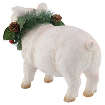 Image showing  10 in. Resin Christmas Pig with Wreath Figurine