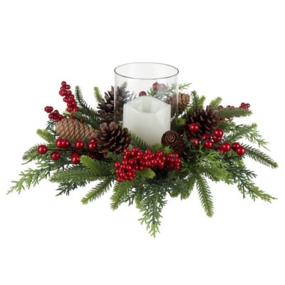 Image showing  Pine and Berries Christmas Decoration with LED Candle, 12 in.