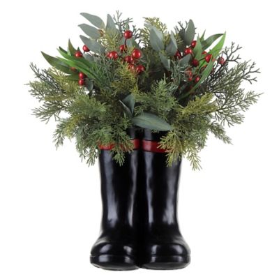 Image showing  16 in. Resin Boots with Greenery Christmas Decoration