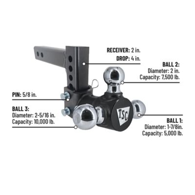 Image showing  2 in. Adjustable Tri-Ball Hitch Mount, 1-7/8 in., 2 in. & 2-5/16 in. Balls, 4 in. Drop, 10K lb. Capacity, 2298304