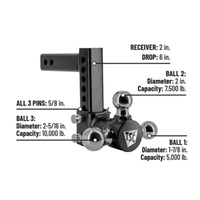 Image showing  2 in. Adjustable Tri-Ball Hitch Mount with 1-7/8 in., 2 in. and 2-5/16 in. Balls, 6 in. Drop, 10,000 lb. Capacity