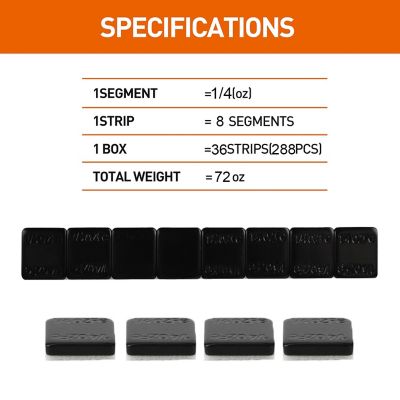 Image showing  1/4 oz. 0.25 oz. Black, Adhesive Stick on Wheel Weights, 72 oz. /Box, 8 pk.