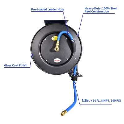Image showing  Retractable Air Hose Reel, 1/2 in. in. x 50 ft. Wall Mount Auto Rewind Hose-Reel, Industrial Grade