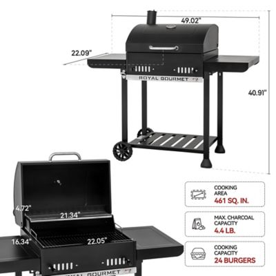 Image showing  Barrel Charcoal Grill with 2 Foldable Side Shelves and Height-Adjustable Charcoal Pan, 470 sq. in., Black