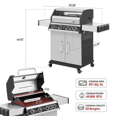 Image showing  4-Burner Stainless Steel Propane Gas Grill with Cabinet, Gray, With Side Burner