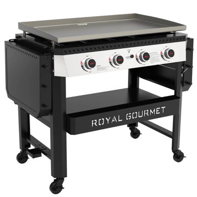 Image showing  4-Burner Propane Gas Flat Top Griddle with Side Shelves, Front Basket and Middle Shelf, 732 sq. in., Black