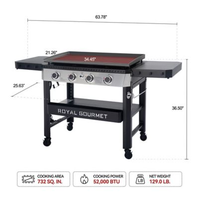 Image showing  4-Burner Propane Gas Flat Top Griddle with Side Shelves, Front Basket and Middle Shelf, 732 sq. in., Black