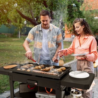 Image showing 8 th Royal Gourmet 4-Burner Propane Gas Flat Top Griddle with Side Shelves, Front Basket and Middle Shelf, 732 sq. in., Black