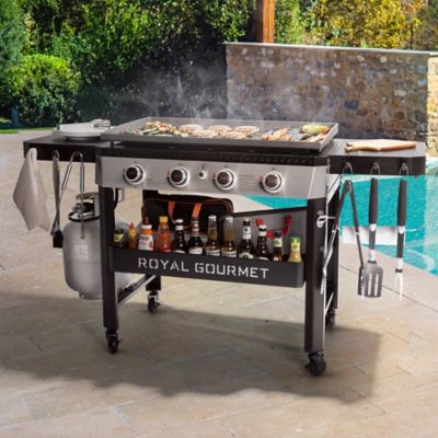 Image showing 9 th Royal Gourmet 4-Burner Propane Gas Flat Top Griddle with Side Shelves, Front Basket and Middle Shelf, 732 sq. in., Black