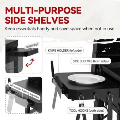 Image showing 5 th Royal Gourmet 4-Burner Propane Gas Flat Top Griddle with Hood, Side Shelves and Front Basket, 732 sq. in., Black