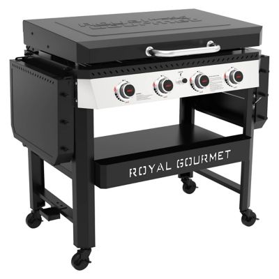 Image showing 8 th Royal Gourmet 4-Burner Propane Gas Flat Top Griddle with Hood, Side Shelves and Front Basket, 732 sq. in., Black