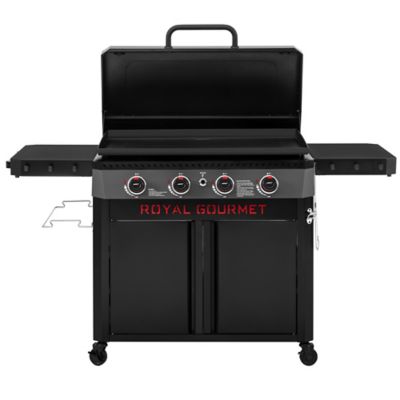 Image showing  4-Burner Premium Propane Gas Flat Top Griddle with Hood, Cabinet and Side Shelves, 733 sq. in., Black