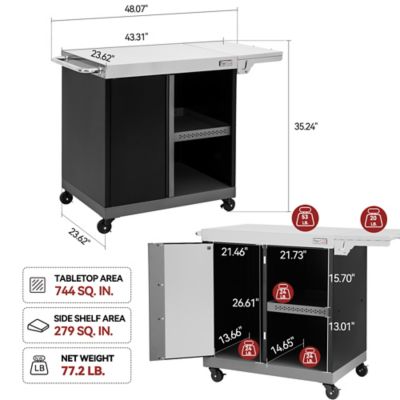 Image showing  Movable Kitchen Island Cart with Stainless Steel Countertop Storage Cabinet Side Shelf Tool Hooks & Inner Shelves