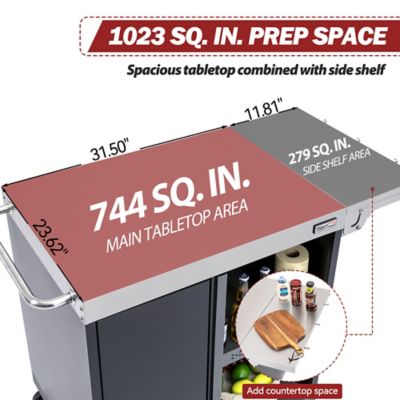 Image showing  Movable Kitchen Island Cart with Stainless Steel Countertop Storage Cabinet Side Shelf Tool Hooks & Inner Shelves