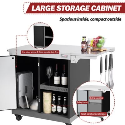 Image showing  Movable Kitchen Island Cart with Stainless Steel Countertop Storage Cabinet Side Shelf Tool Hooks & Inner Shelves