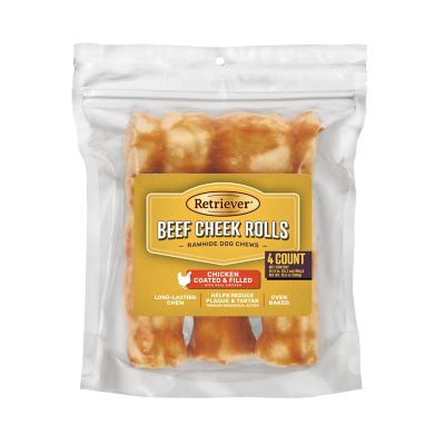 Retriever Chicken-Coated Beef Cheek Rolls Rawhide Dog Chew Treats, 5 in., 4 ct.