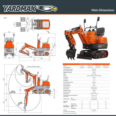 Image showing 5 th YARDMAX 306 cc Hydraulic Mini-Excavator, with Canopy, Claw, Grading Bucket & Rake