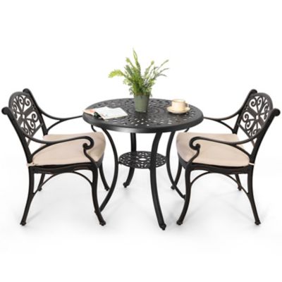 Image showing 4 th Nuu Garden 3 pc. Cast Aluminum Round Outdoor Bistro Set with Cushions and Umbrella Hole