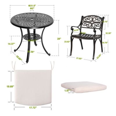 Image showing 5 th Nuu Garden 3 pc. Cast Aluminum Round Outdoor Bistro Set with Cushions and Umbrella Hole