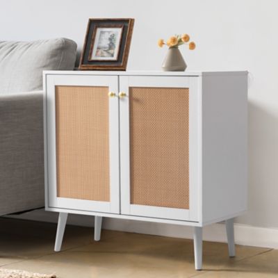 Image showing  Accent Buffet Cabinet Sideboard with Rattan Doors, White