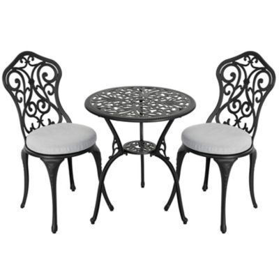 Image showing  Patio 3 pc. Cast Aluminum Bistro Set with Cushions, Umbrella Hole