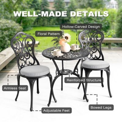 Image showing  Patio 3 pc. Cast Aluminum Bistro Set with Cushions, Umbrella Hole