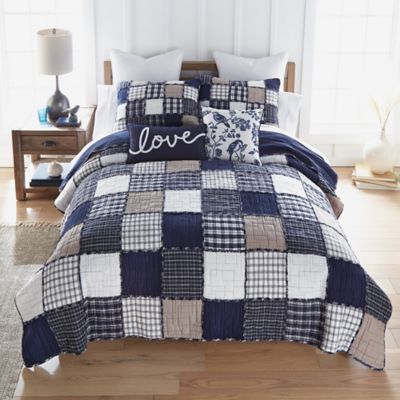 Image showing  Checkerboard Indigo Cotton Pieced Quilted Bedding Set