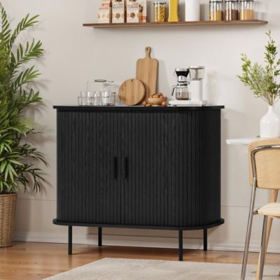Image showing  Mid-Century Modern 2-Door Accent Cabinet with Slatted Sliding Doors, Black