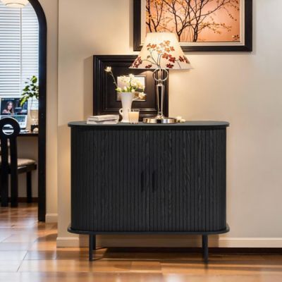 Image showing  Mid-Century Modern 2-Door Accent Cabinet with Slatted Sliding Doors, Black