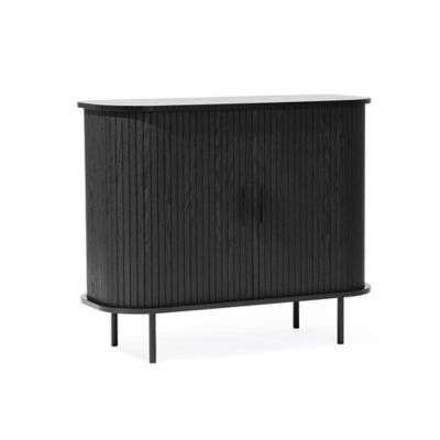 Image showing  Mid-Century Modern 2-Door Accent Cabinet with Slatted Sliding Doors, Black